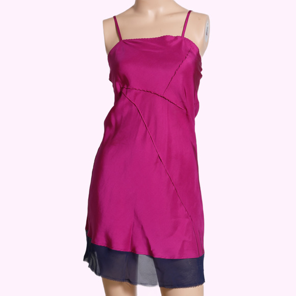 KERRIGAN Pink Fuchsia and Navy Blue Silk Slip Dress - Picture 1 of 4